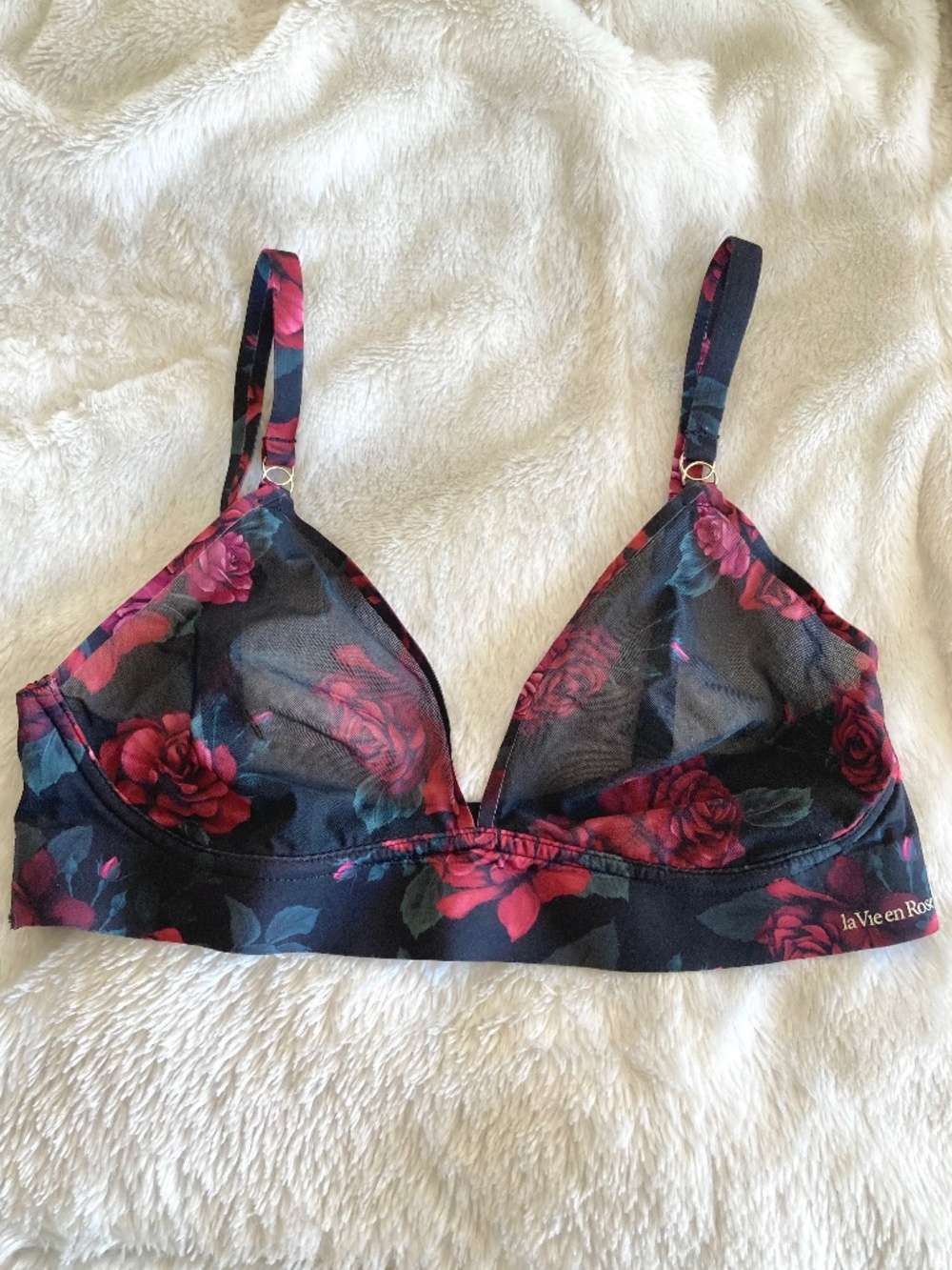 La Vie En Rose Black and Red Floral Bralette; Size L